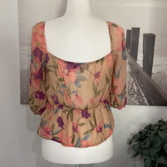 Lulus Living Life Blush Pink Multi Floral Print Ruched Puff Sleeve Top - Picture 6 of 6